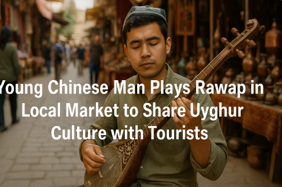 Young Chinese Man Plays Rawap in Local Market to Share Uyghur Culture with Tourists